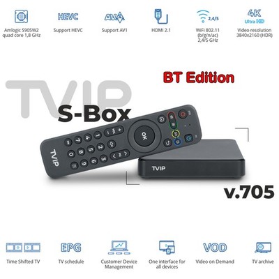 TVIP S-Box v.705 BT IPTV 4K HEVC HD Multimedia Streamer 5Ghz Wlan
