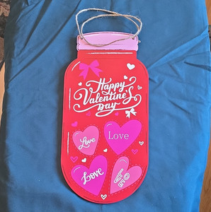 Happy Valentine’s Day Mason Jar Love Hearts Wooden Hanging Plaque Sign Red Pink