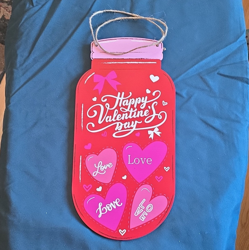 Happy Valentine’s Day Mason Jar Love Hearts Wooden Hanging Plaque Sign Red Pink