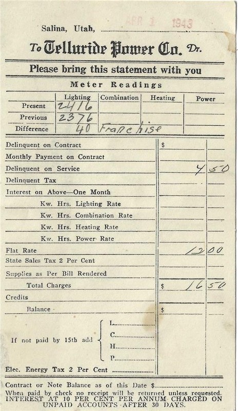 Telluride Power Co. - Salina, Utah - 1943 Statement - Scipio City Treasurer