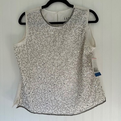Erena Petite Beaded Sequin Sleeveless Top Party Tank Blouse Ivory L