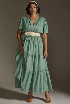 Anthropologie Somerset Maxi Green Linen Blend Dress 3XL Pockets Tiered Pheasant
