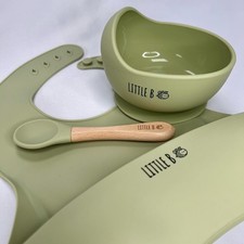 Little B Baby Co Weaning Set Silicone Suction Bowl Spoon Bib Olive Green
