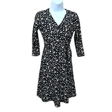 XS Petite ALYX Floral Wrap Dress Black Blue White Stretch Knee Length 