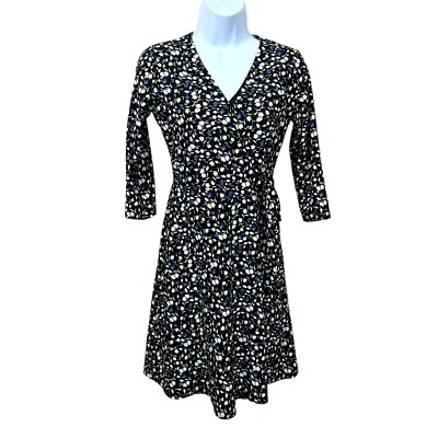 XS Petite ALYX Floral Wrap Dress Black Blue White Stretch Knee Length