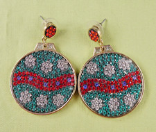 Christmas Ornament Dangle Earrings Red Green Crystals Holiday Ball Ornaments