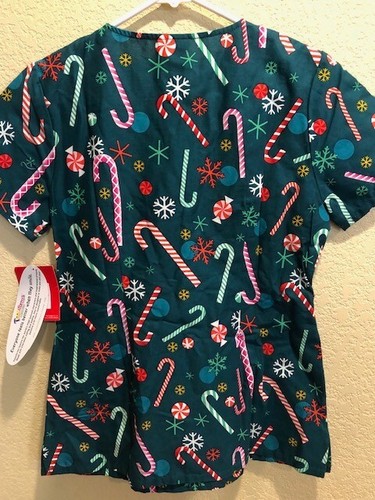 NWT Tooniforms women's green XS scrub top - Rudolph, candy canes, Christmas - Picture 2 of 4