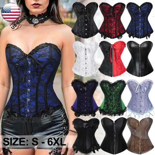Women Lace Up Floral Corset Burlesque Boned Overbust Brocade Bustier Corset Top - Picture 1 of 35