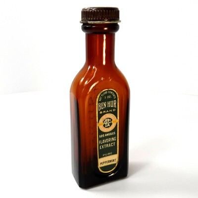 1920s/30s EARLY BEN HUR PEPPERMINT FLAVORING EXTRACT BOTTLE GREEN LABEL