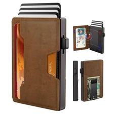 Metal Card Holder Money Clip Men Wallet Leather Pop Up Slim Minimalist Wallet