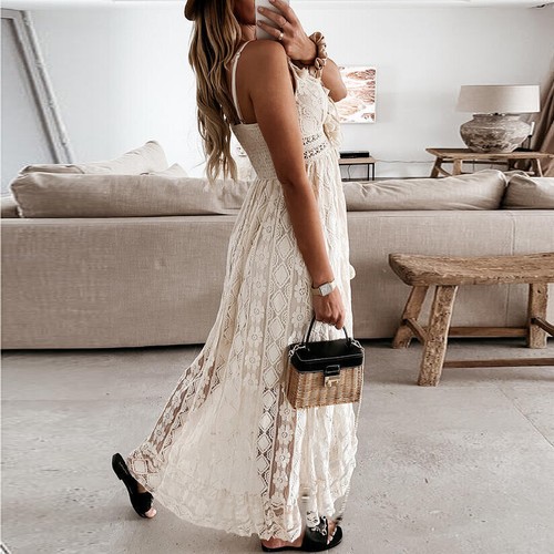 Mujeres Espalda Sin Mangas Bohemio Encaje Cuello en V Mini Vestido Largo Solero - Imagen 6 de 10
