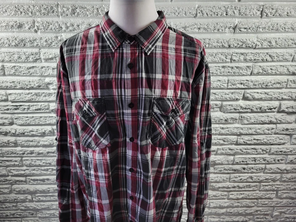 Eighty Eight Mens Shirt 4X Button Up Long Sleeve Burgundy Plaid Pockets Collar - Image 3 of 4