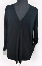 Eileen Fisher Black 100 Merino Wool Button Front Cardigan Sweater Size M Pocket
