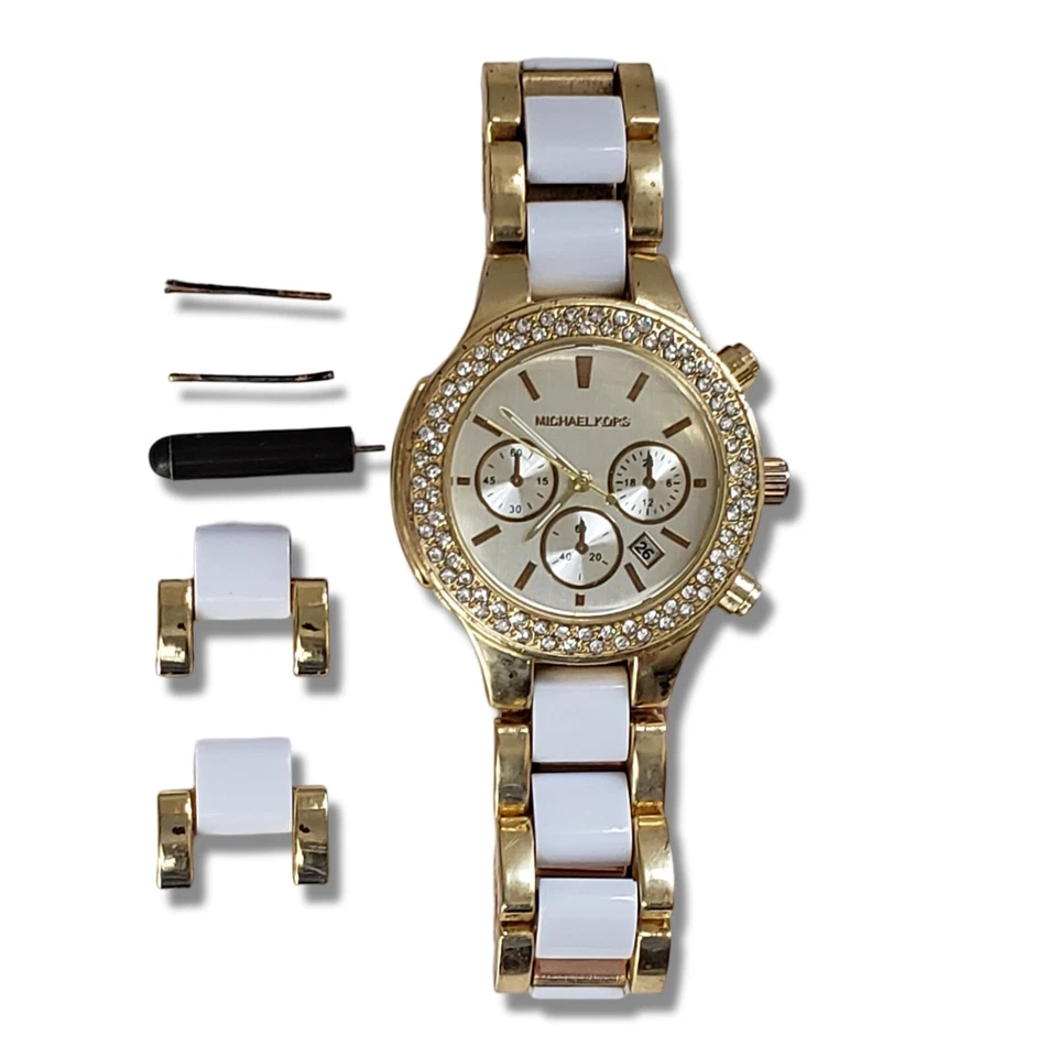 Женские белые и золотистые водонепроницаемые кварцевые часы Michael Kors 10 атм 6112-1 - Изображение 3 из 4