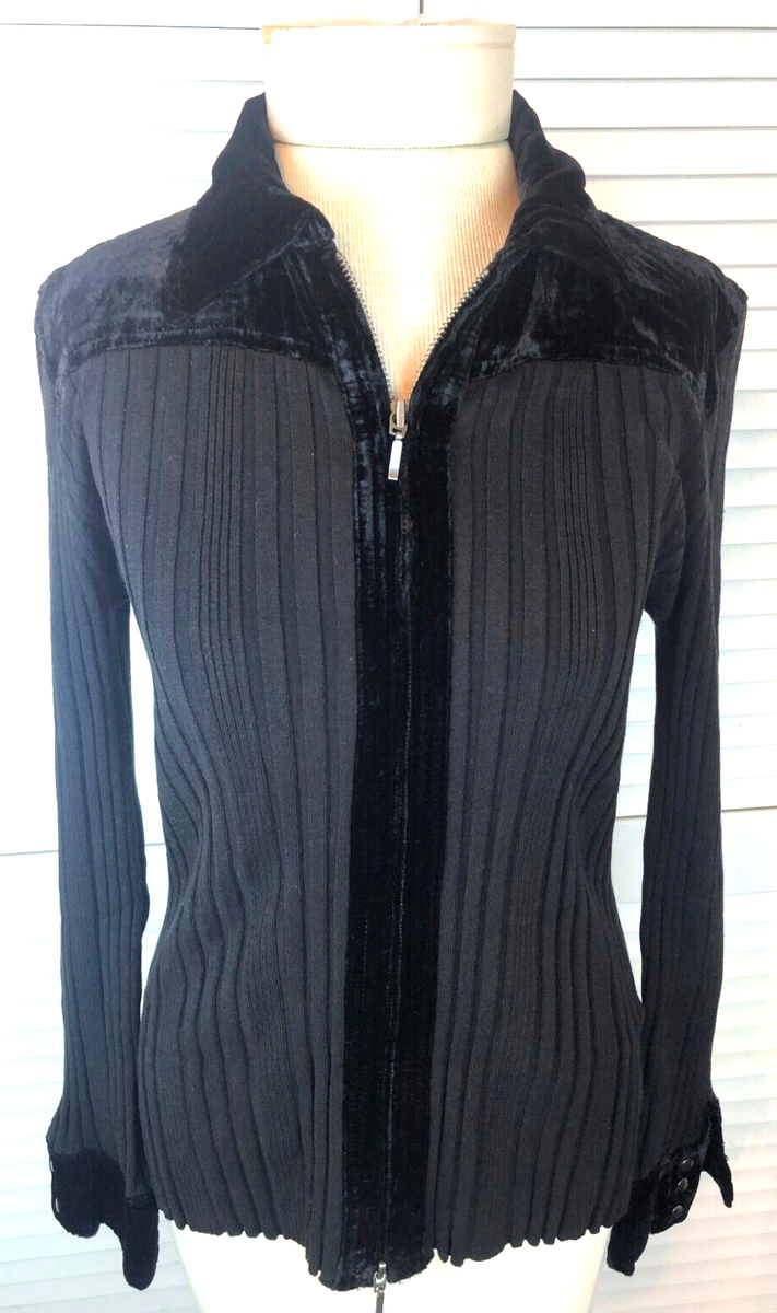 Cabi Black Top Ribbed way Front Zipper Velvet Collar, Cuffs