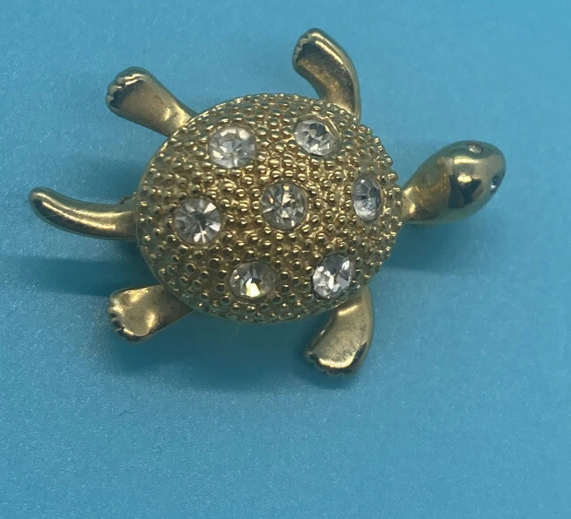 Vintage NAPIER Crystal Rhinestone Gold Tone Turtle Brooch Pin