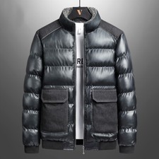 Men Splicing Faux Leather PU Jackets Coats Padded Quilted Stand Collar Warm