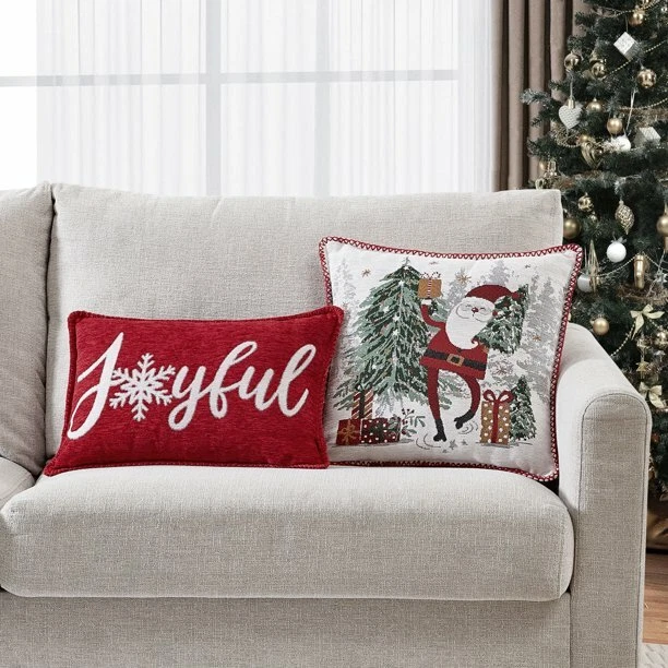 Mainstays, 2 Pack Joyful Chenille Christmas Pillows, 17 x 17 and 12 x 18