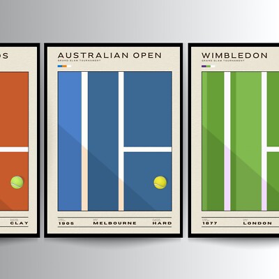 Tennis Poster x 4 Set Framed / Unframed Wall Art, Grand Slam