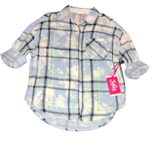 JUSTICE GIRL NEW S 7/8 DBL WEAVE PLAID BUTTN UP TOP 100% COTTON BLUE NWT WAS $15