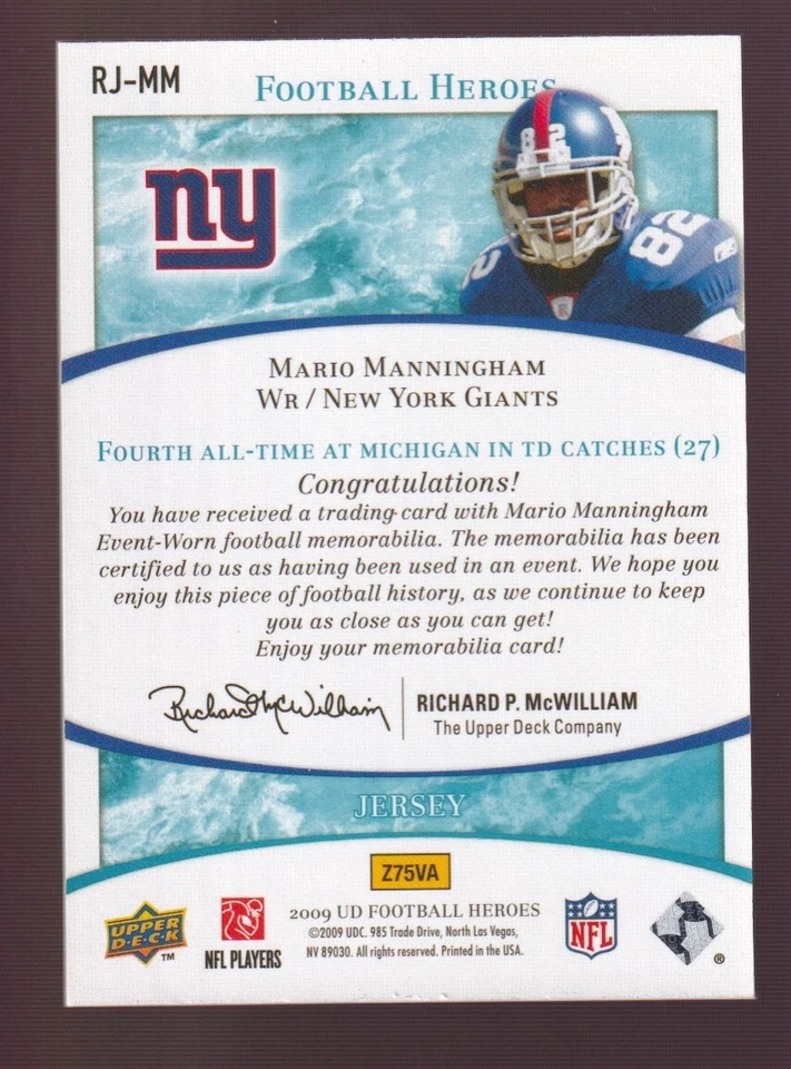 2009 Upper Deck Football Heroes Blue Retail Jerseys #RJ-MM Mario Manningham - Image 2 of 2