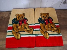 Pair of Vintage R.A. Briggs Christmas Teddy Bear Hand Towels Holidays