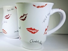 Mary Kay Advertising Mugs White/Red Lipstick Kiss Print Set of 2
