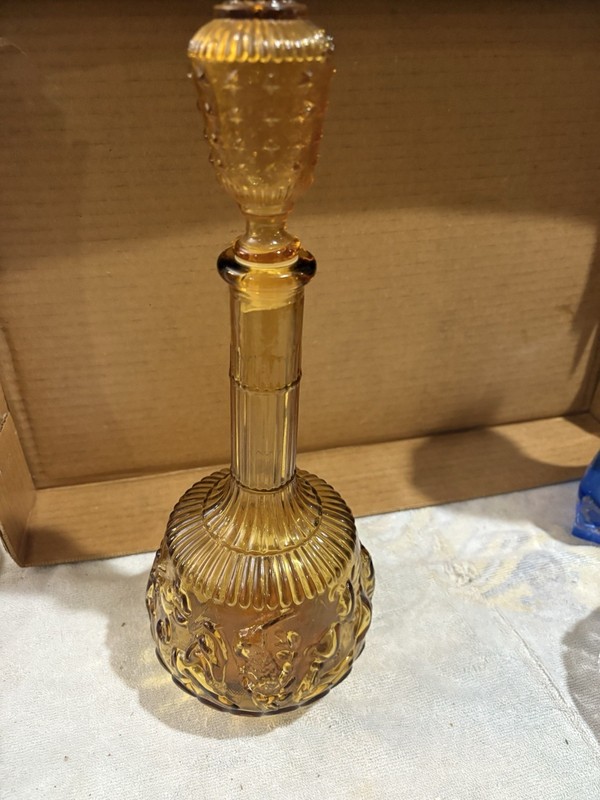Rare Empoli AMBER Glass Genie Bottle Glass Decanter  MCM BEAUTIFUL SCENES
