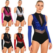 Womens Sparkly Gymnastics Leotard with Gloves Sequin Glitter Dance Costume