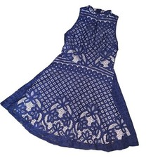 Love Fire Dress Crochet Lace High Neck Short Sleeveless Navy Blue Medium