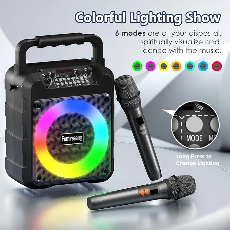 Portable Bluetooth Karaoke Machine W/ Dual Wireless Mics HD Sound RGB Lights New - Image 4 of 4