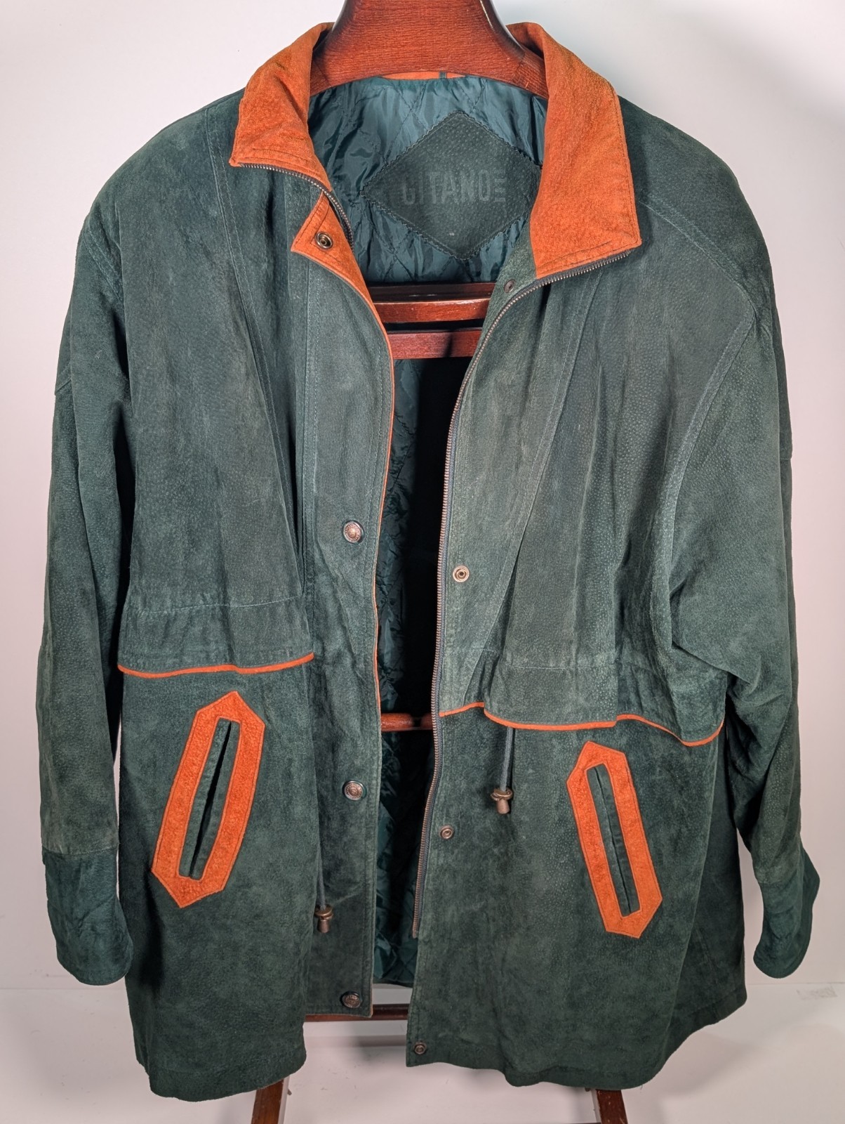 Abrigo Gitano De Colección Años 90 Para Hombres 2XL Color Verde Gamuza Cuero Chaqueta Forrada Occidental