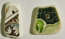 2 LOVELY SEA GLASS BEACH THICK POTTERY PENDANTS SURF TUMBLED JEWELRY P103