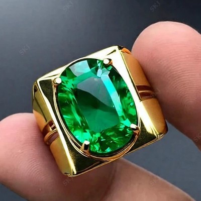 Green Emerald Real Gemstone Mens Real Solid 14k Solid Gold Signet Ring
