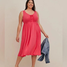 New Torrid Super Soft Shirred Midi Dress 2 Pockets Coral Sleeveless NWT