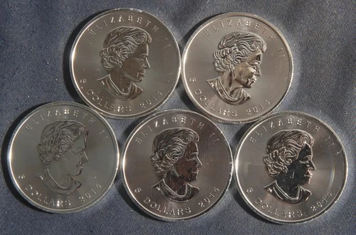 FIVE (5)  1 OZ .9999 SILVER 2014 MAPLE LEAF COINS ( 5 OZ TOTAL)  LOT 130915