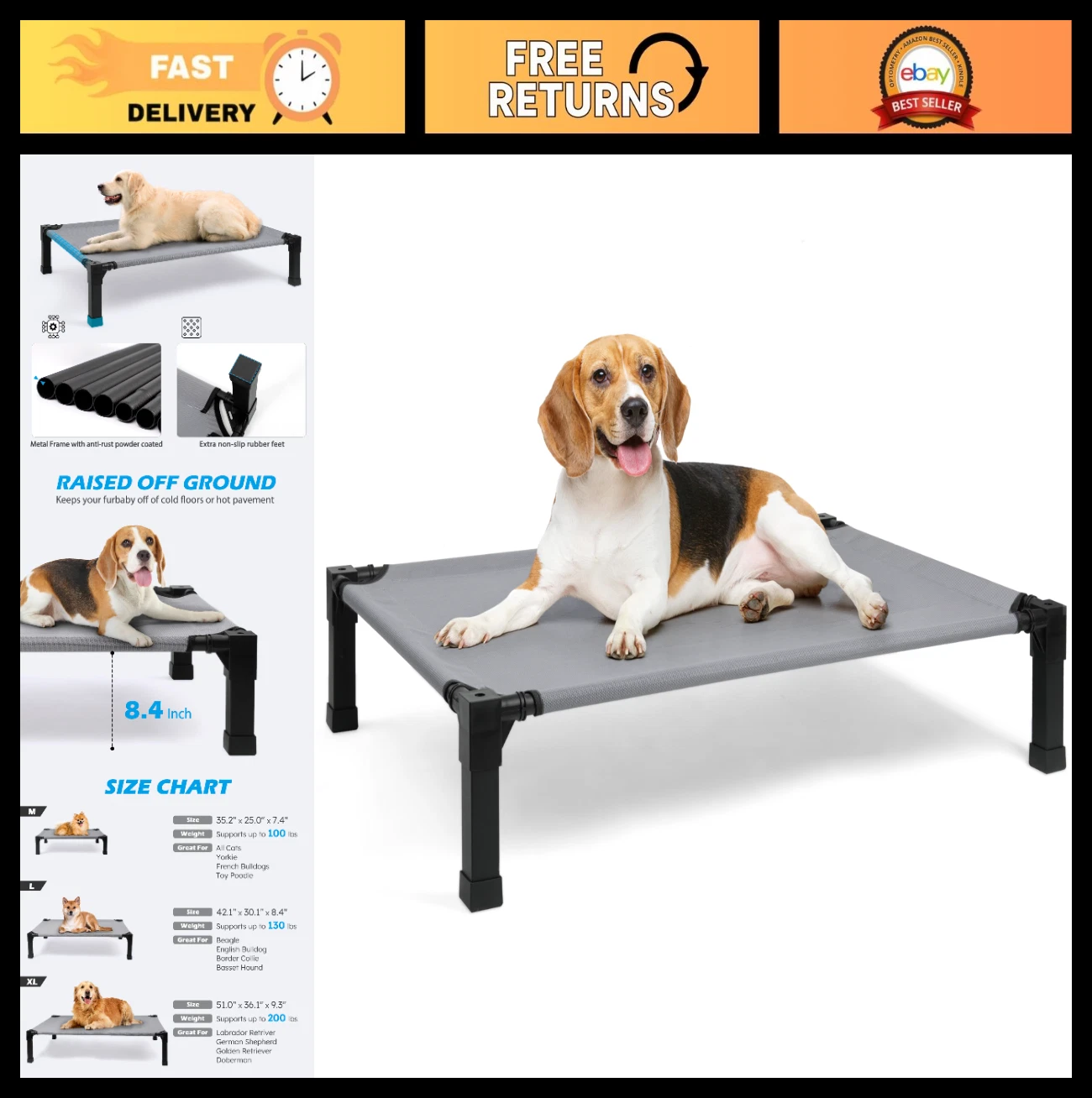 Cooling Elevated Dog Bed - Chew-Proof Raised Pet Cot, Washable Mesh, Portable In