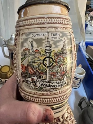 Vintage German Beer Stein Munich Olympics Olympia Stadion Olympia Turm PewterLid