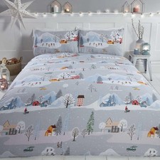 Winter Town Single Duvet Cover Set Xmas Snowy Country Scene Grey Bedding