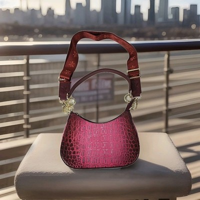NWOT - Anuschka Hand Painted Small Convertible Croc Embossed Berry Hobo Bag