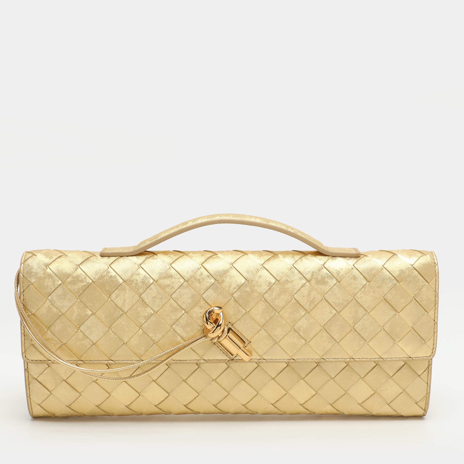 Bottega Veneta Andiamo Medium Gold Intrecciato Leather Clutch