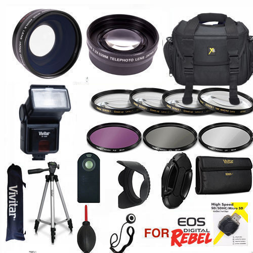 CANON EOS REBEL T7I HD KIT TRIPOD FLASH ZOOM LENS & WIDE LENS + FILTERS + REMOTE - Picture 1 of 12