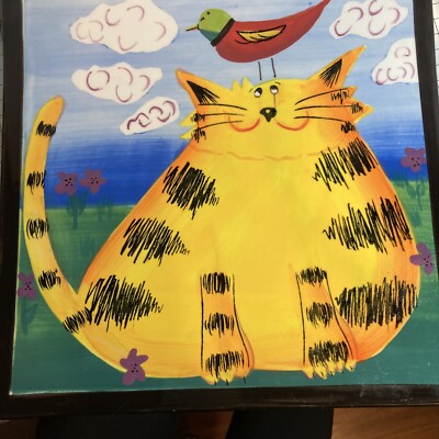 Naylor Hand painted Cat & Bird Hanging Decor Plates, Square Plate, 10  Food Safe
