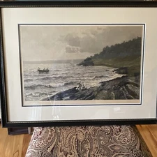 Antique Signed Etching of Hans Gude's (1825-1903) "Habunnefjorden Fra Malmoya" 
