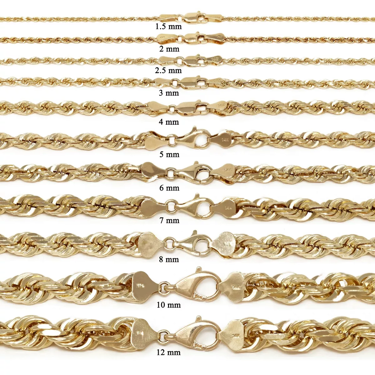 Gold Diamond Cut Rope Chains | Genuine Gold Jewelry 14kt / 2mm / 18