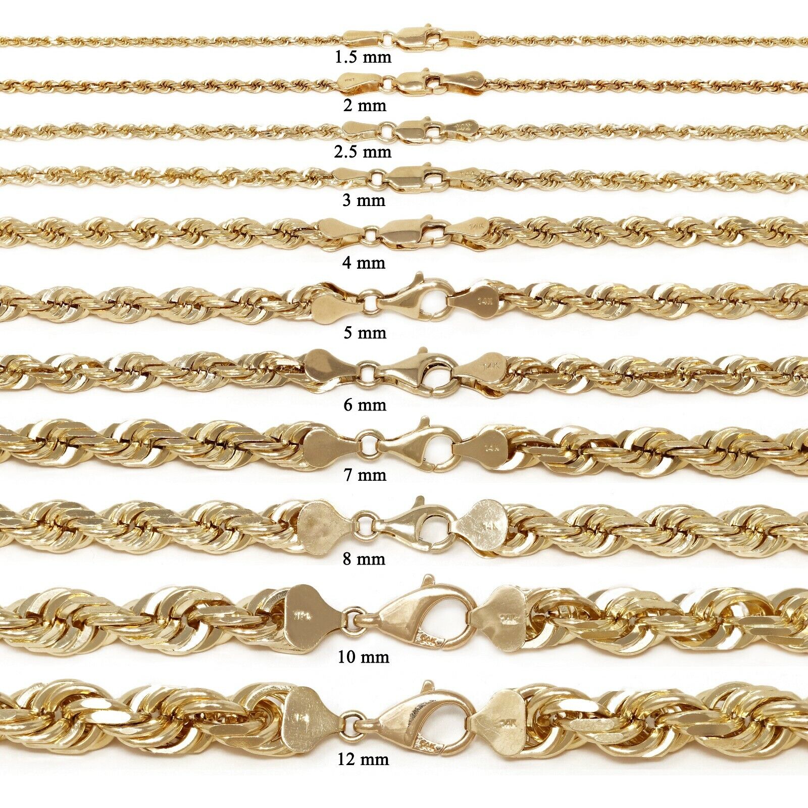 14k Yellow Gold Solid Diamond Cut Rope Chain Necklace 18" 1.5mm to 4mm