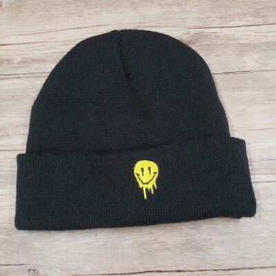 Melting Smiley Face Beanie Knit Cap Hat The Artist Collective Black OS Stretch