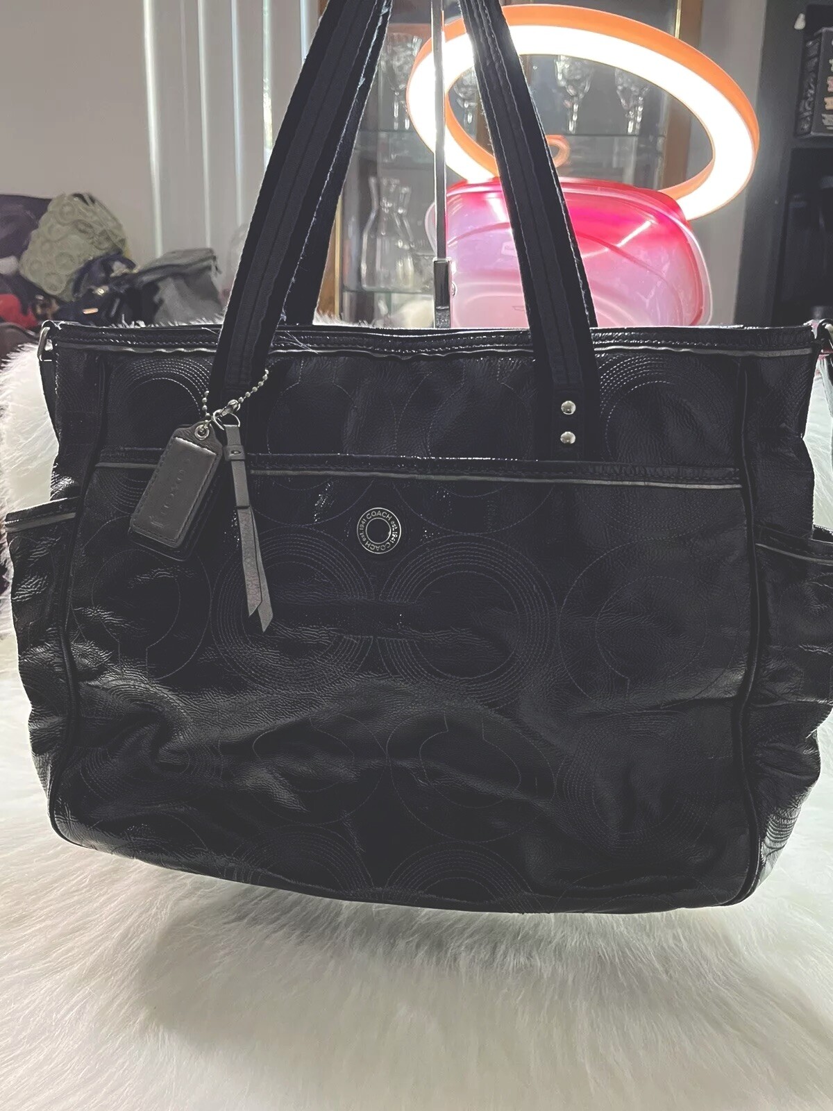 Coach Signature C Logo Stitched Patent Leather XL Diaper Bag Tote