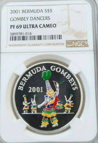 2001 BERMUDA SILVER 5 DOLLARS GOMBEY DANCERS NGC PF 69 ULTRA CAMEO TOP POP