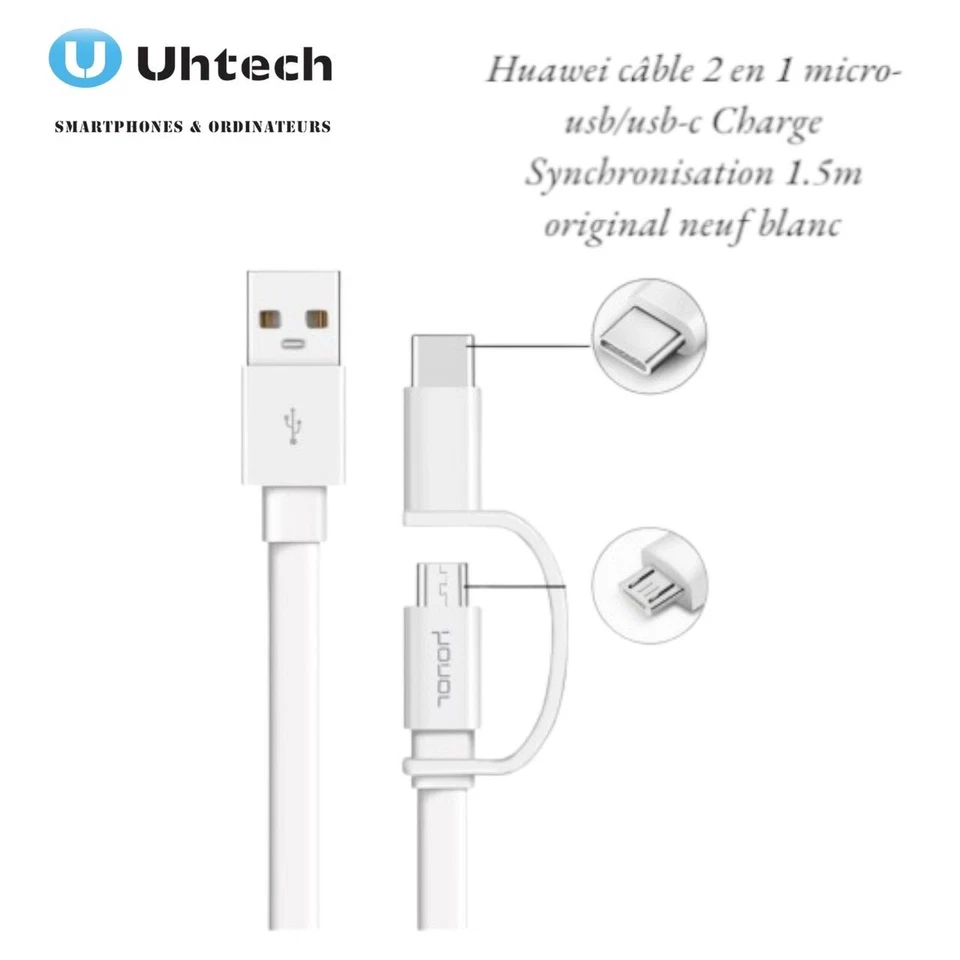 Huawei Câble 2 en 1 micro-USB / USB-C Charge Synchronisation 1.5m Original Blanc - Photo 2/2